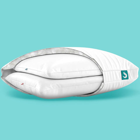 Sleepgram Cooling Bed Pillow, Bed Support Adjustable Hypoallergenic Soft Sleeping Head Rest with Removable Cover, Queen Size, White