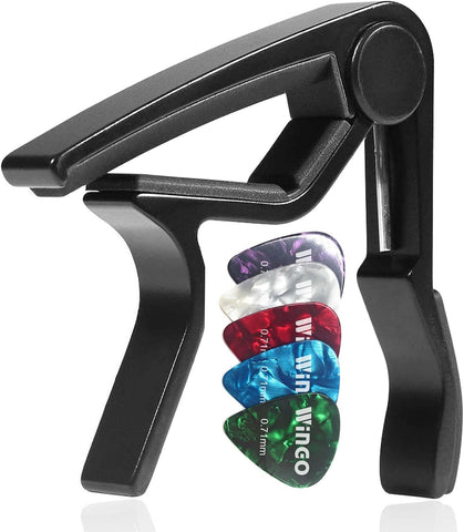 WINGO Guitar Capo for Acoustic and Electric Guitars with 5 Picks, Black.