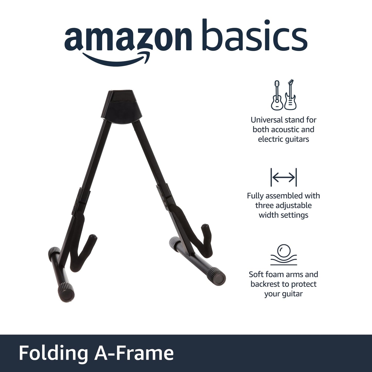 Amazon Basics Adjustable Guitar Folding A-Shape Frame Stand for Acoustic and Electric Guitars with Non-Slip Rubber and Soft Foam Arms, Fully Assembled, Black