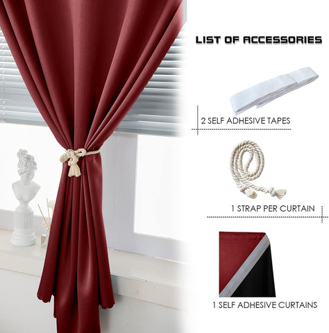 AJAZZ 100% Blackout Shades Window Cover Self Adhesive Curtains Sticky Curtain Portable Easy Open Black Out Curtains for Bedroom Living Room No Drilling (Burgundy, 59" W x 84" L 1 Panel)