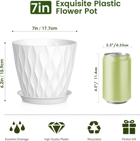 Meowell 7 inch Plant Pots for Indoor Outdoor Plants, 5 Pack Thick Nursery Pots with Drainage Holes and Saucers, 3D Modern Wave Texture Plastic Planter Pots for Flowers and House Plants, White