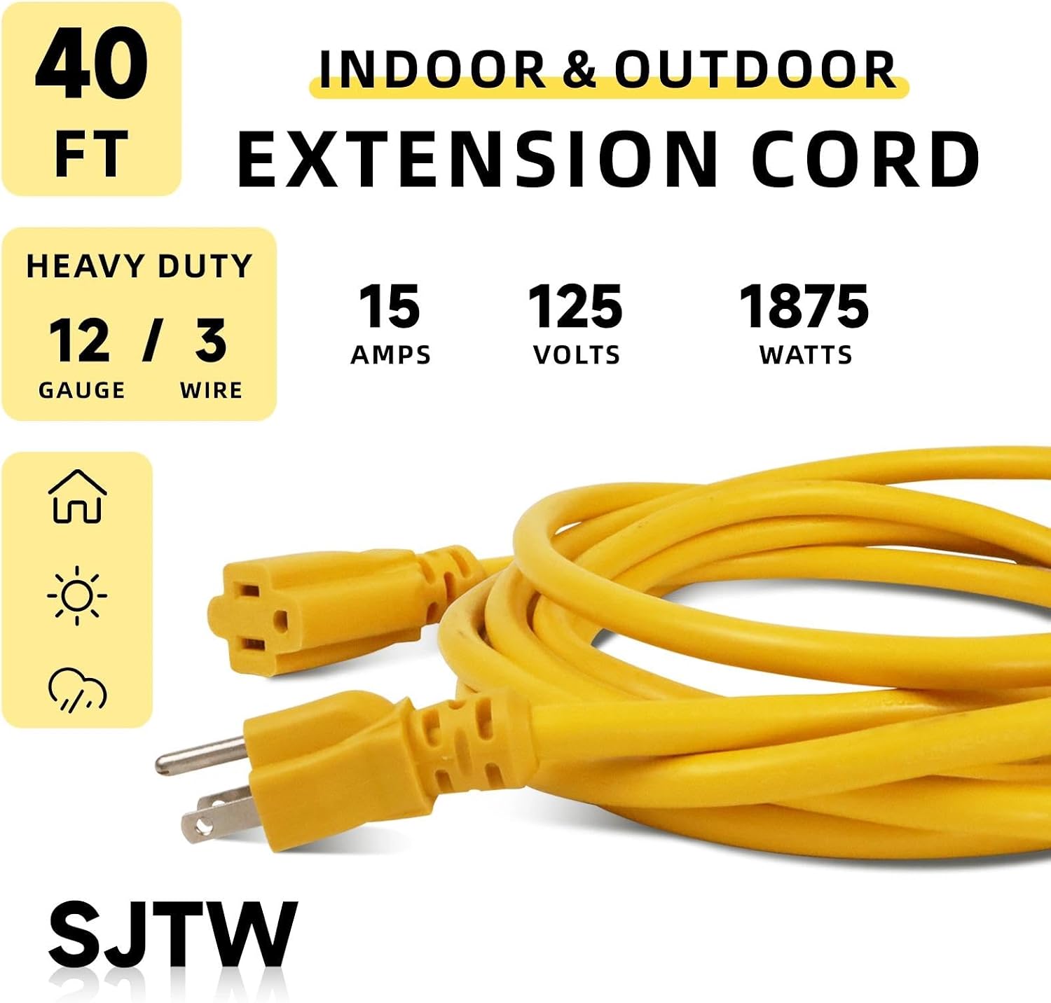 EP 40 Ft Heavy Duty Outdoor Extension Cord, 12/3 SJTW Yellow 3-Prong