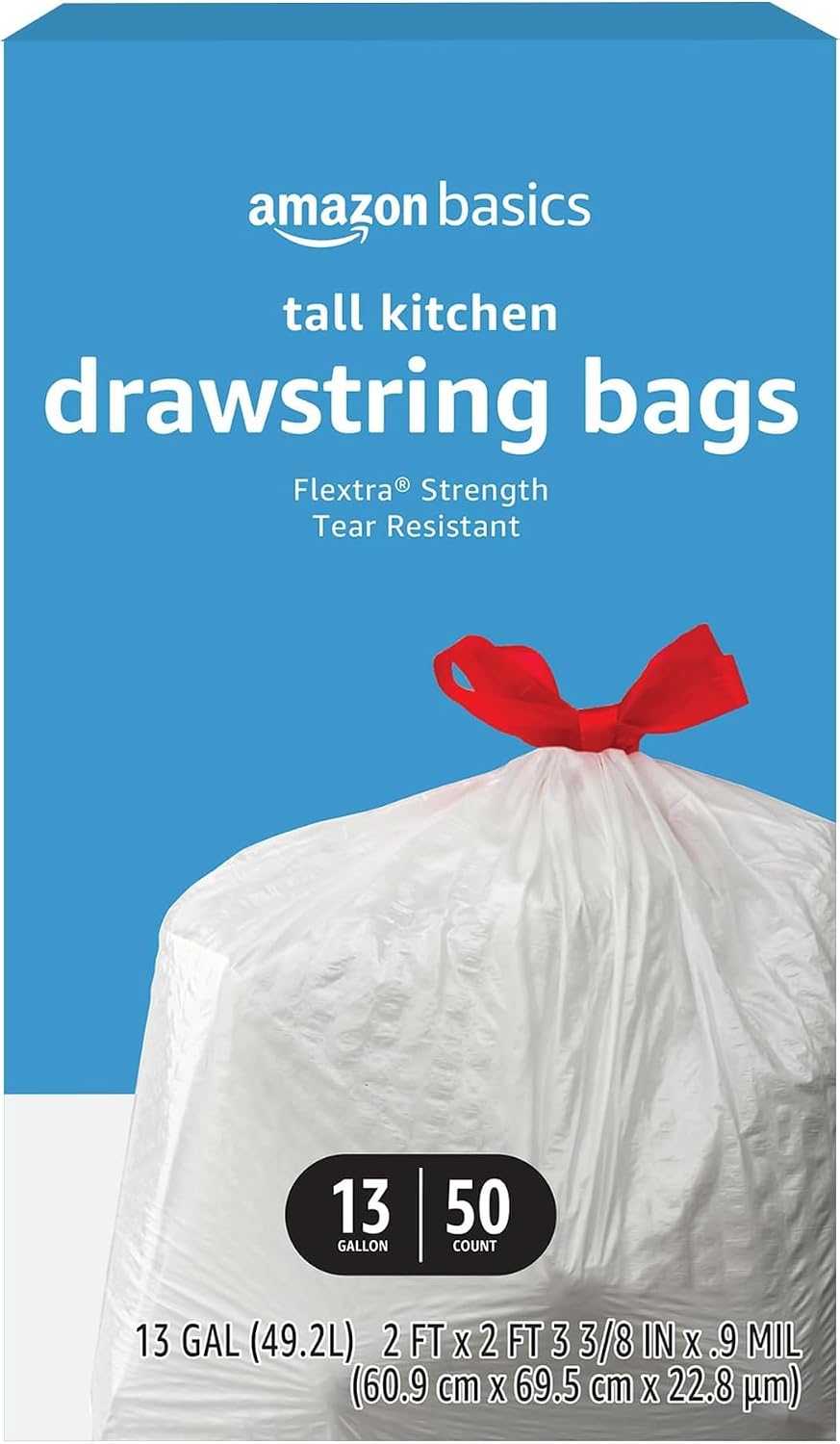 Amazon Basics Flextra Tall Kitchen Drawstring Trash Bags, 13 Gallon, Tear-Resistant, Unscented, 50 Count (Pack of 6)