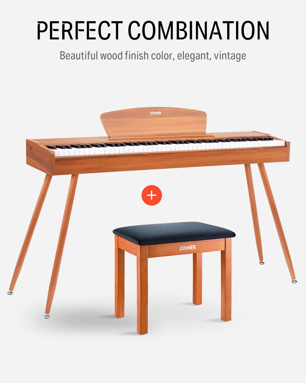Donner Piano Bench with Storage, Solid Wood Keyboard Bench Piano Bookcase Stool Chair Seat with High-Density Suede Cushion, Wood Finish Color