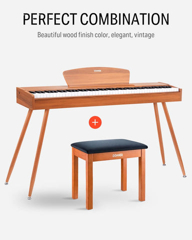 Donner Piano Bench with Storage, Solid Wood Keyboard Bench Piano Bookcase Stool Chair Seat with High-Density Suede Cushion, Wood Finish Color