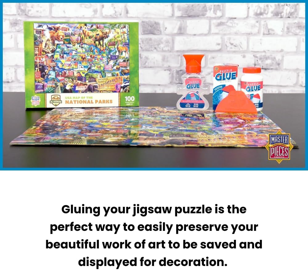 MasterPieces – Puzzle Glue with Wide Plastic Spreader, Easy to Apply, Dries Quick and Clear, Protects Finished Jigsaw Puzzles, Water-Soluble, 2 Pack, 5 oz Each