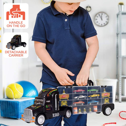 WolVolk Transport Car Carrier Truck Toy for Boys and Girls (includes 6 cars and 28 slots)