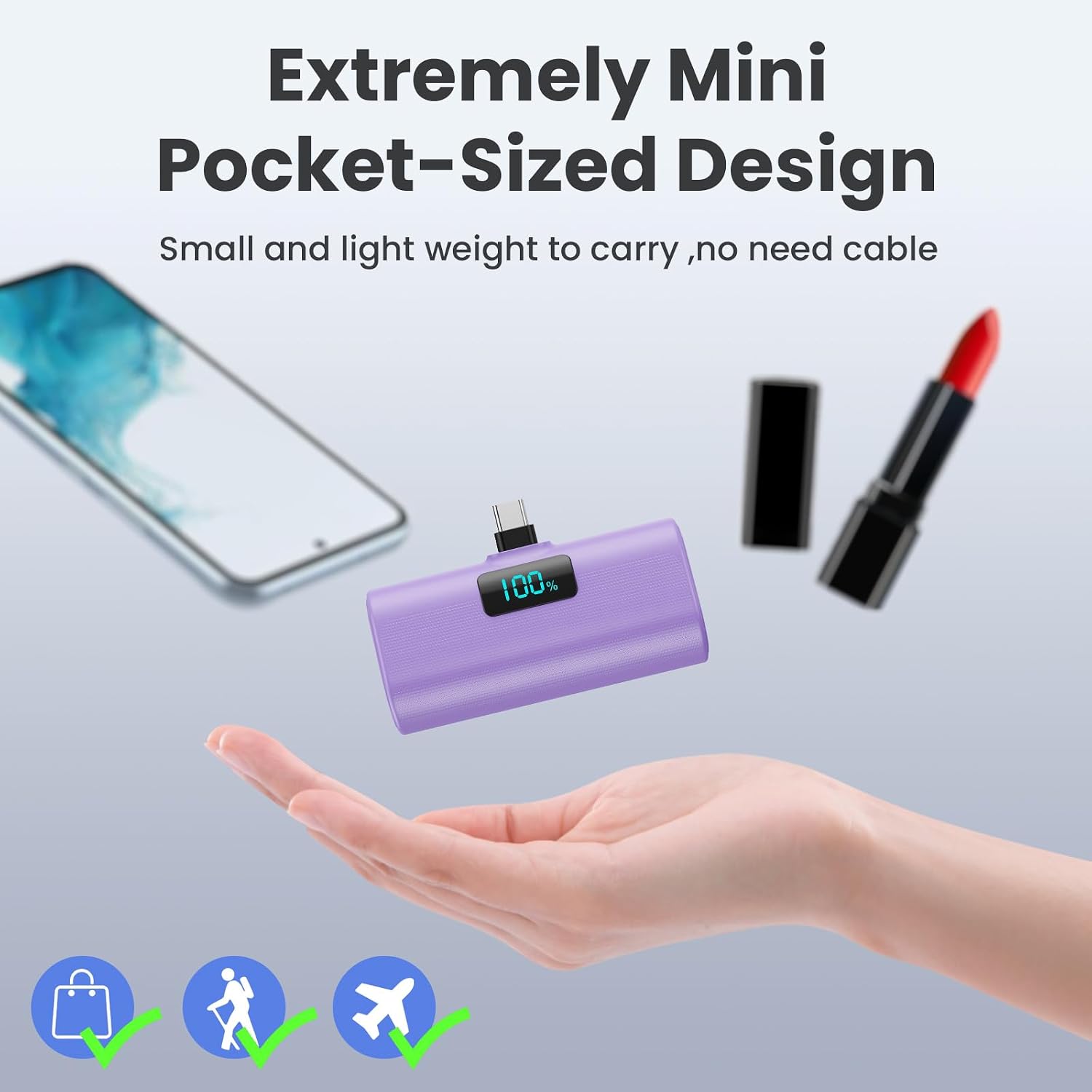 [2-Pack]Portable Charger for iPhone 16/15 Series,5200mAh PD USB C Power Bank Built-in USB-C Connector,Battery Pack Compatible with iPhone 16/16 Plus/16 Pro/16 Pro Max/15 Series,Android (Pink+Purple)