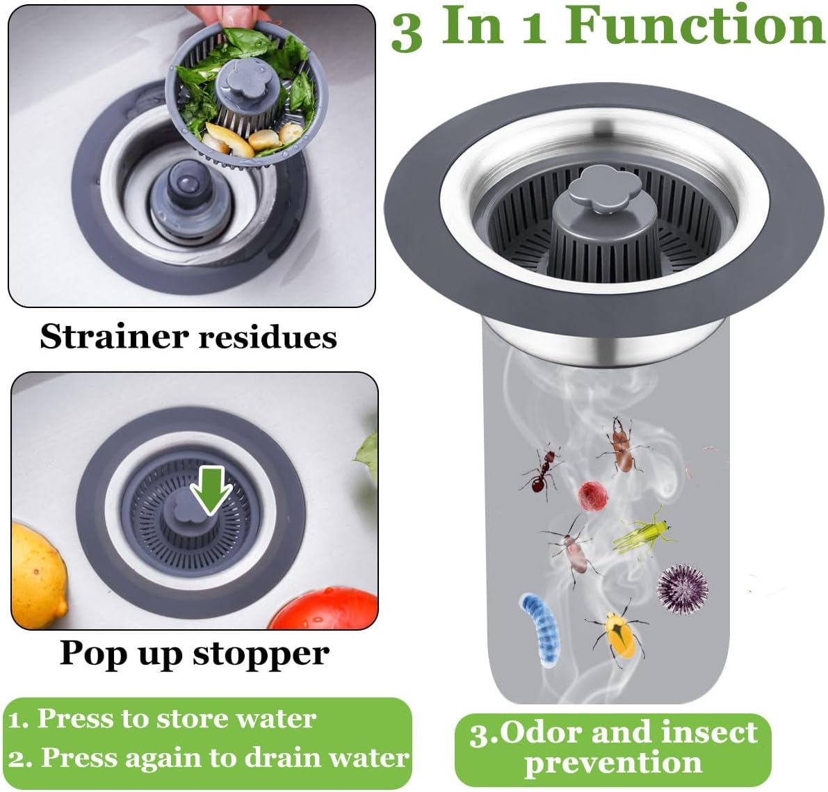 3 in 1 Kitchen Sink Drain Strainer and Stopper Combo,Stainless Steel
