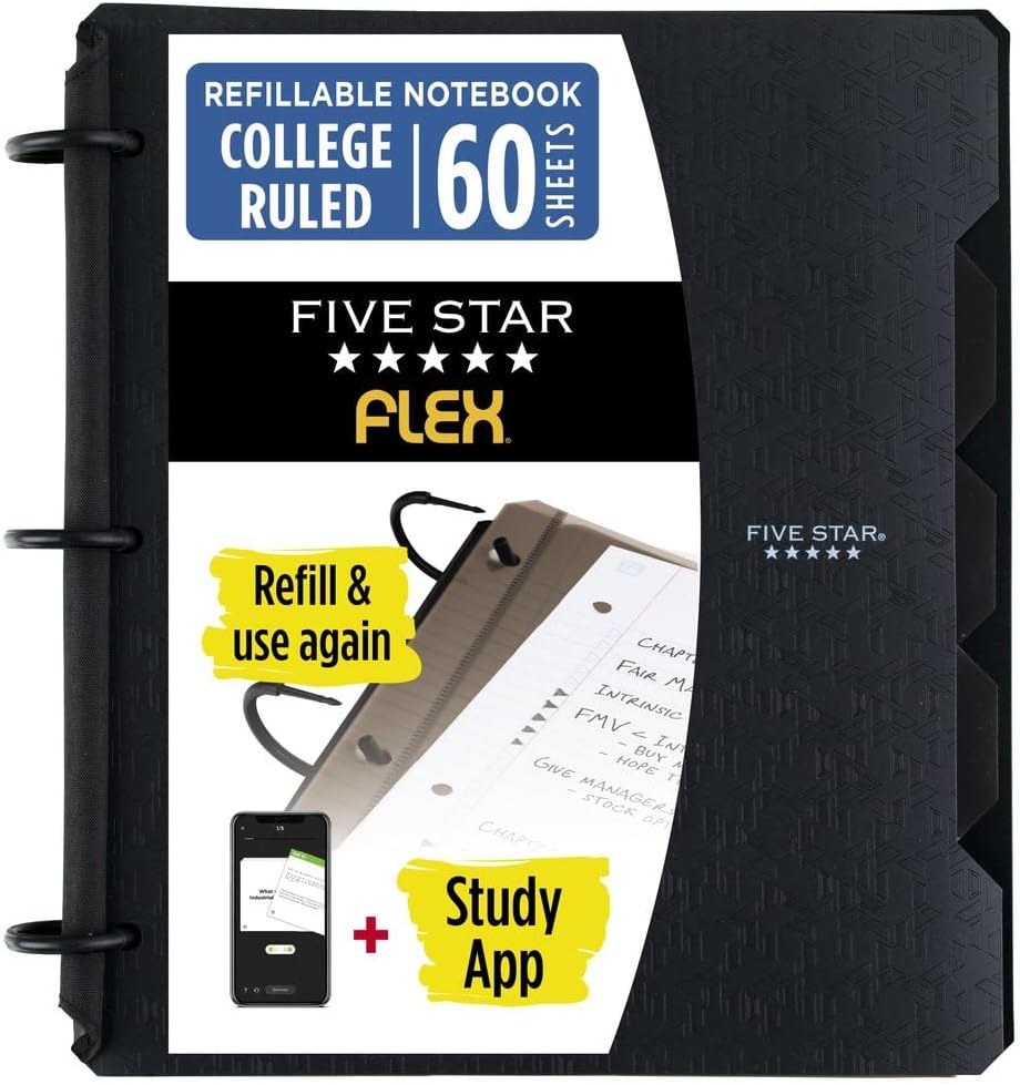 Five Star Flex Refillable Notebook + Study App, College Ruled Paper and 1 Inch TechLock Ring Binder with Pockets, Tabs and Dividers, 200 Sheet Capacity, Black (29328AA2)
