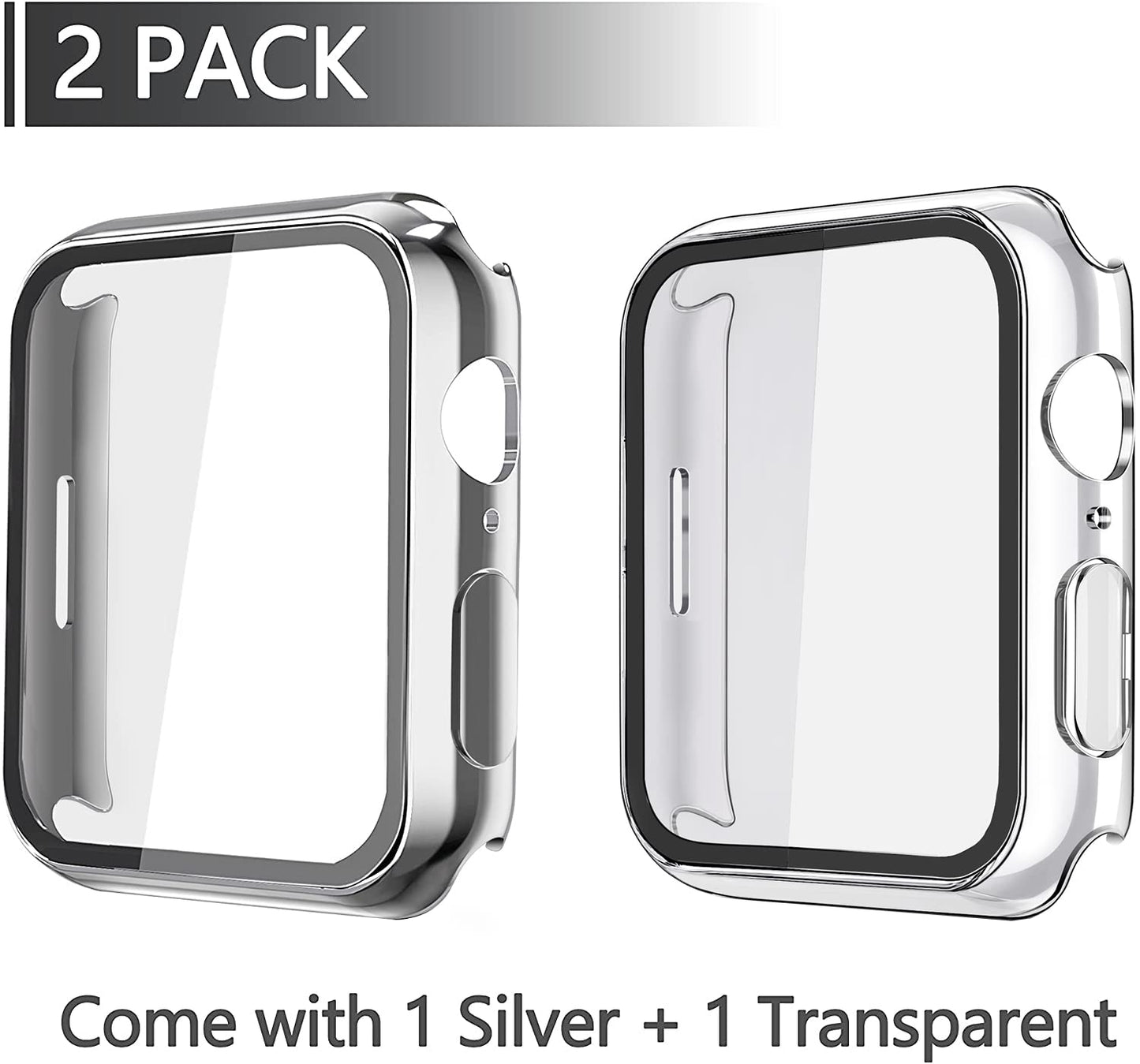 Misxi 2 Pack Hard PC Case with Tempered Glass Screen Protector Compatible with Apple Watch Series 9 (2023) Series 8 Series 7 45mm, Ultra-Thin Cover for iWatch S9/S8/S7, 1 Silver + 1 Transparent