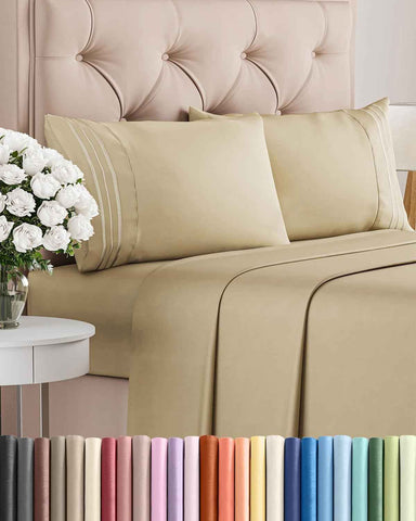 Queen Size 4 Piece Sheet Set - Comfy Breathable & Cooling Sheets - Beige