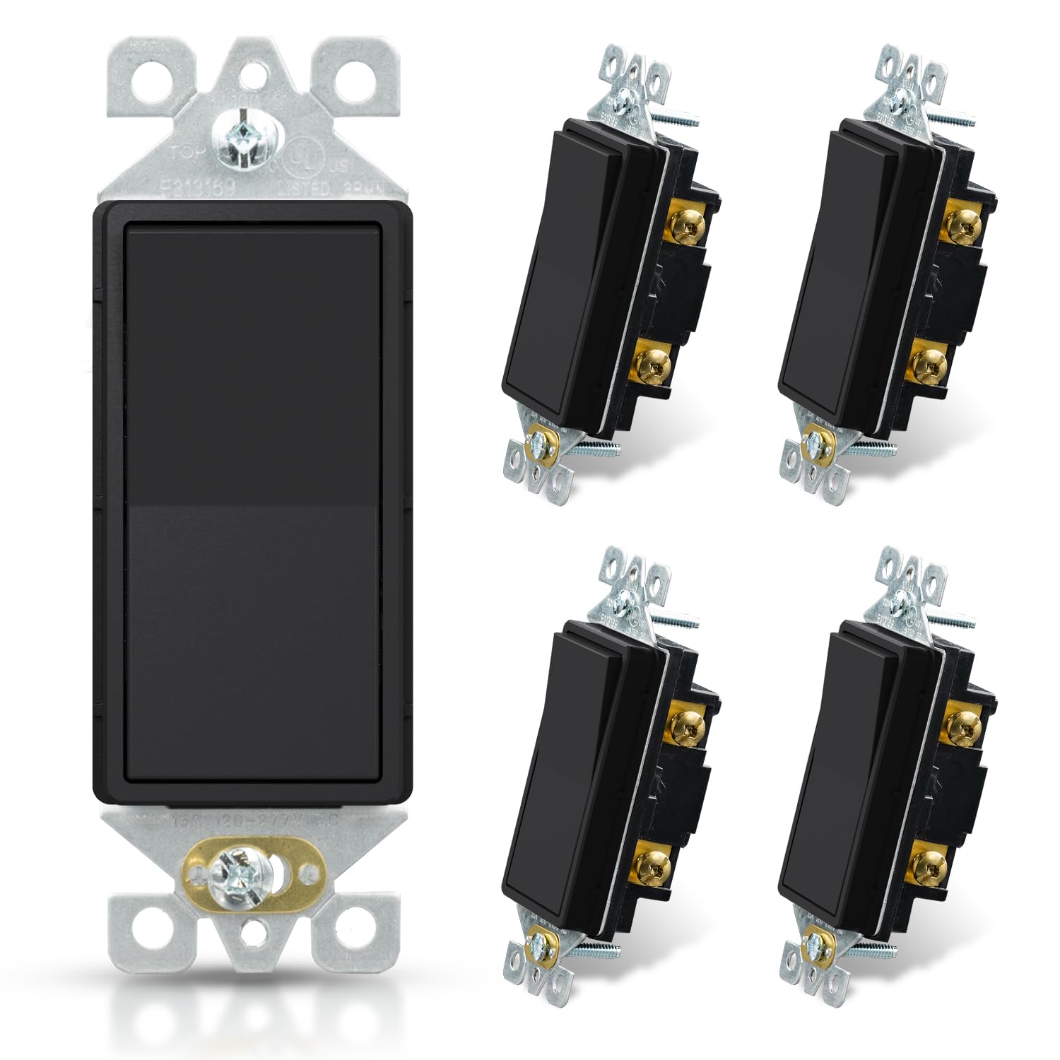 ELEGRP Matte Black Single Pole Decorator Light Switch, 15Amp, 120-277V, Decorative Paddle Rocker Switch Replacement, On/Off Wall Switch, Self-Grounding, Residential/Commercial Grade, UL/CUL (5 Pack)