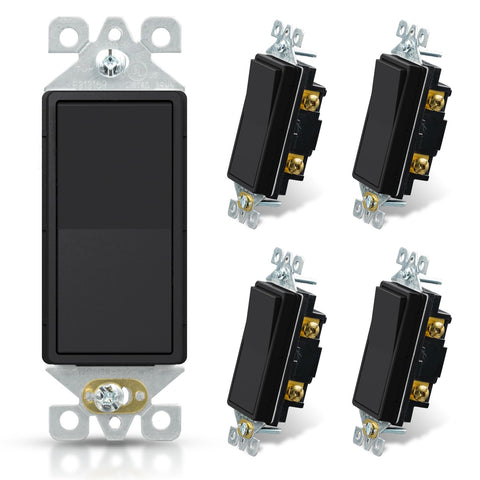 ELEGRP Matte Black Single Pole Decorator Light Switch, 15Amp, 120-277V, Decorative Paddle Rocker Switch Replacement, On/Off Wall Switch, Self-Grounding, Residential/Commercial Grade, UL/CUL (5 Pack)