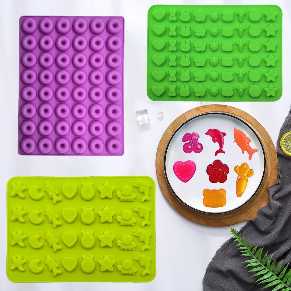 Gummy Candy Molds - Silicone Gummy Dinosaur/Marine Animal/Donut/Small Hearts Shapes/Fruit Snack Mold with 2pcs Dropper,Non-stick and Bpa Free for Mini Candy Chocolate Gummies Baking