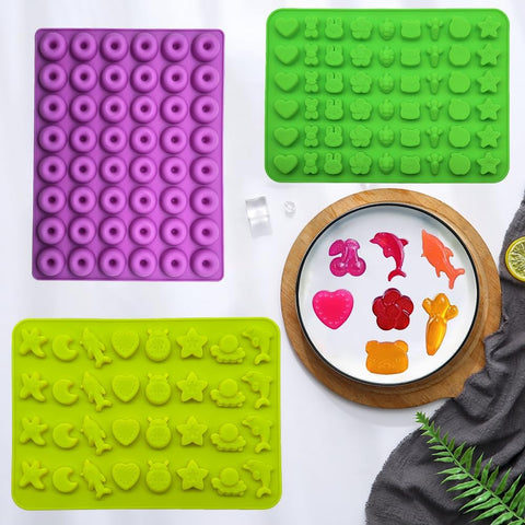 5Pcs Gummy Candy Molds - Silicone Gummy Dinosaur/Marine Animal/Donut/Small Hearts Shapes/Fruit Snack Mold with 2pcs Dropper,Non-stick and Bpa Free for Mini Candy Chocolate Gummies Baking