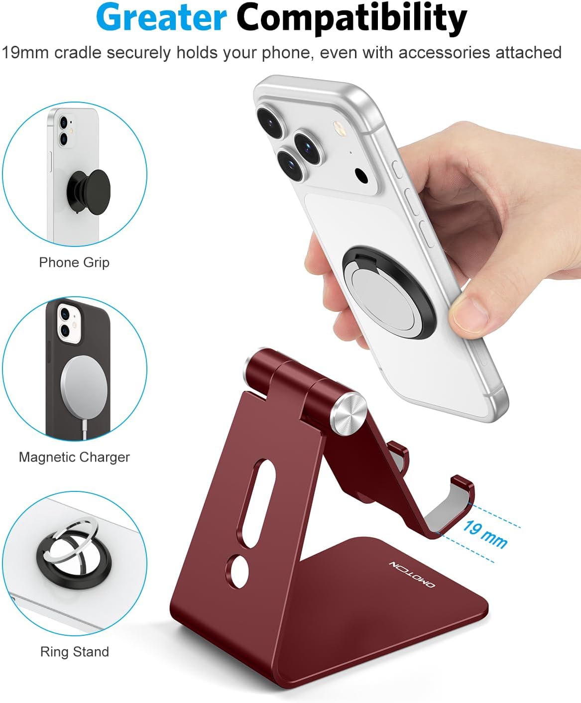 OMOTON C2 Adjustable Cell Phone Stand with Charging Cutout, Cherry Red