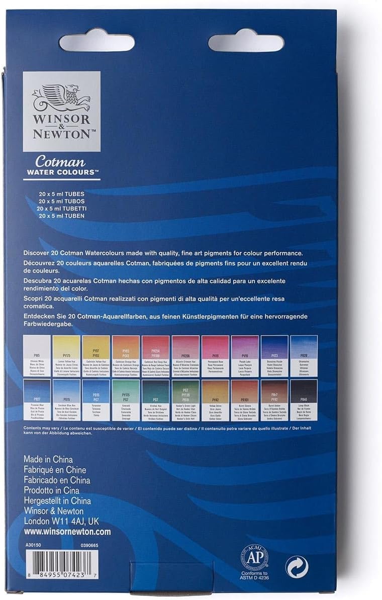 Winsor & Newton Cotman Watercolor Paint Set, 20 Colors, 5ml (0.17-oz) Tubes