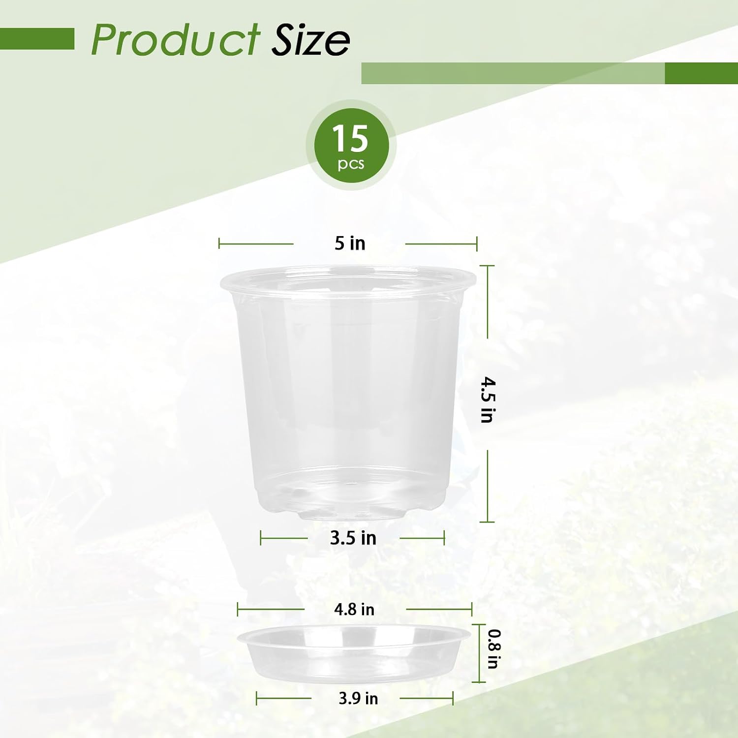 FUIJOL 5 Inch Clear Nursery Pots for Plants with Sacuers 15 Pack, Plastic Flower Pots with Drainage Holes, Variety Pack Seedlings Garden Pot for Indoor Outdoor (5 inch)