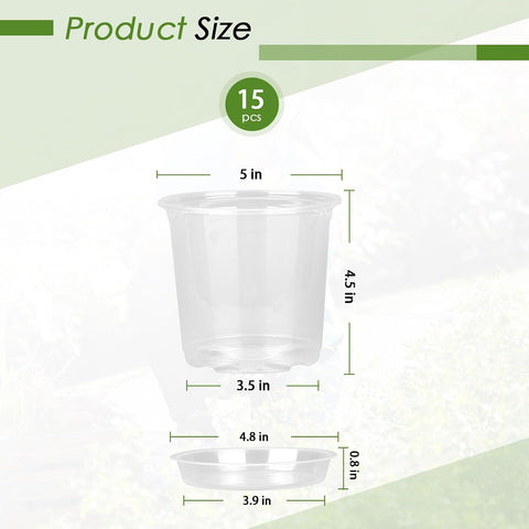 FUIJOL 5 Inch Clear Nursery Pots for Plants with Sacuers 15 Pack, Plastic Flower Pots with Drainage Holes, Variety Pack Seedlings Garden Pot for Indoor Outdoor (5 inch)
