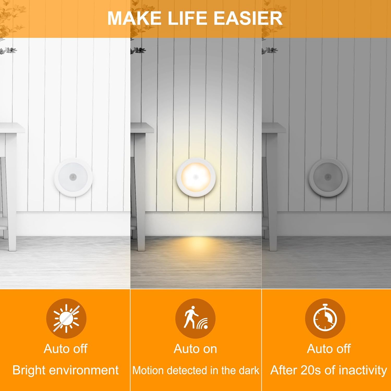 Mlambert 4 Pack Motion Sensor LED Night Light, Cordless Battery-Powered Stick-on Magnet Closet Lights, Safe Lighting for Stairs, Cabinet, Warm White