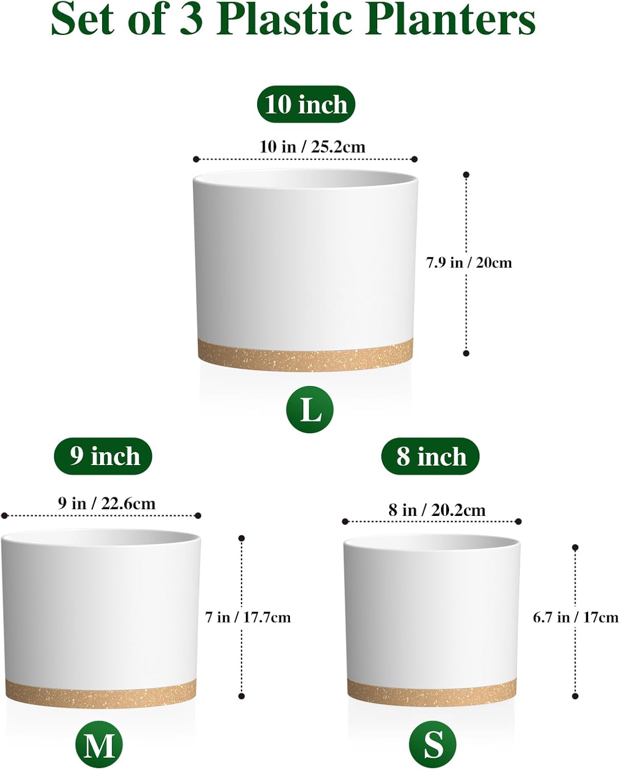 Plant Pots, 10/9/8 Inch 3 Pack Cylindrical Flower Pots with Drainage Holes and Saucers, Plastic Planters for Outdoor Indoor Plants,White Brown