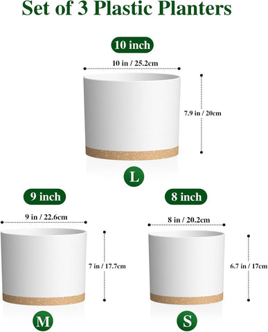 Plant Pots, 10/9/8 Inch 3 Pack Cylindrical Flower Pots with Drainage Holes and Saucers, Plastic Planters for Outdoor Indoor Plants,White Brown