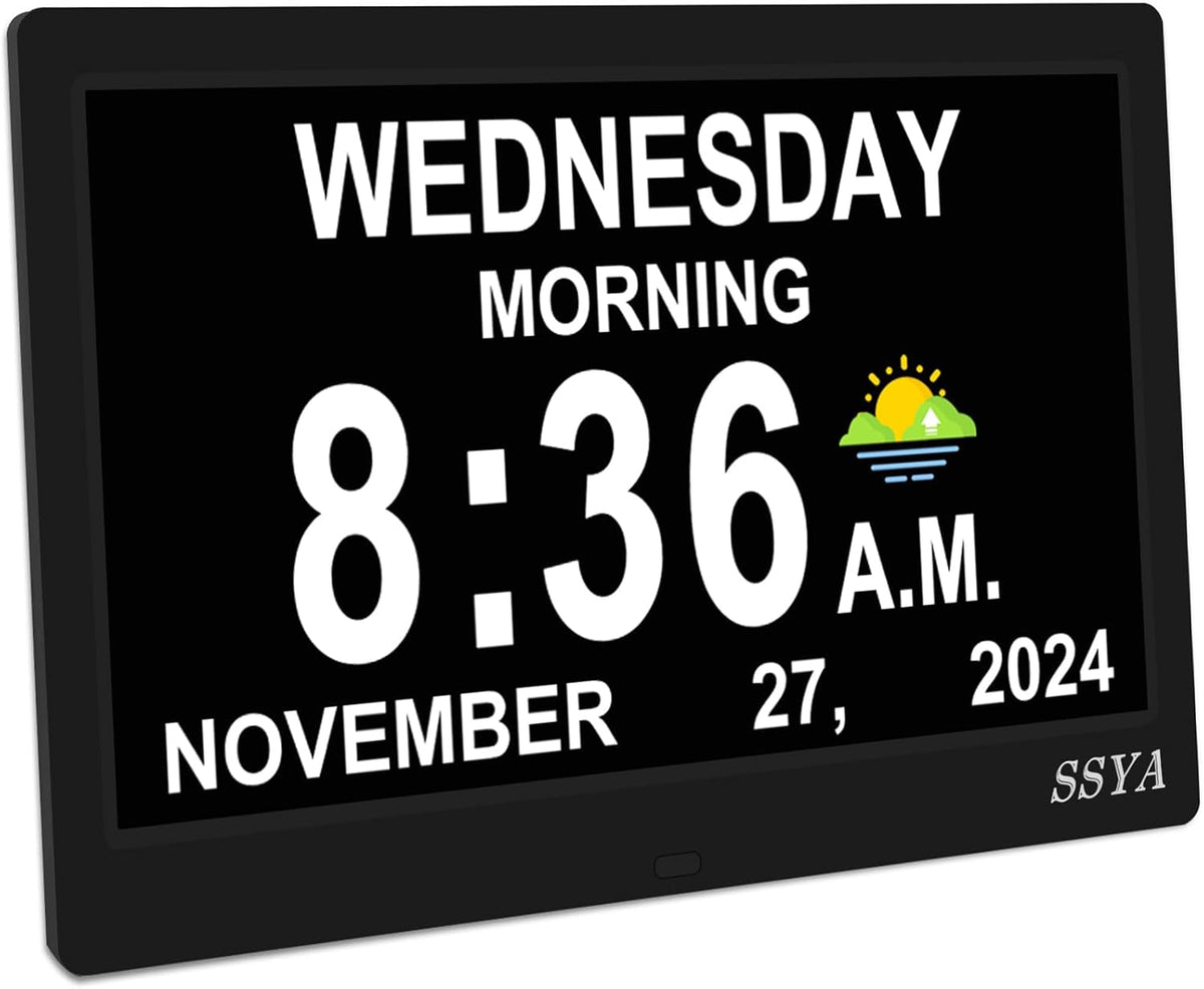 SSYA Dementia Clock for Seniors, Digital Clock with Date and Day of Week, Auto DST, Non-Abbreviated Large Calendar Alarm Clocks (Black)