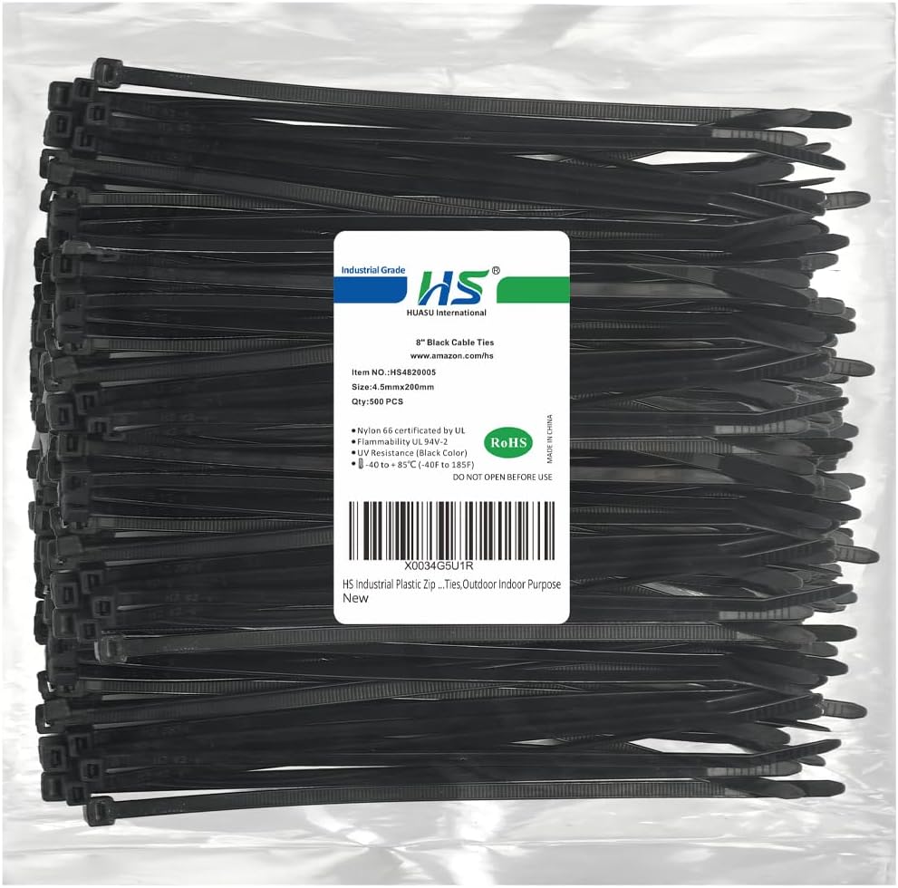 HS Thick Zip Ties 8 Inch x 3/16" (Bulk-500 Count) UV Black Cable Tie