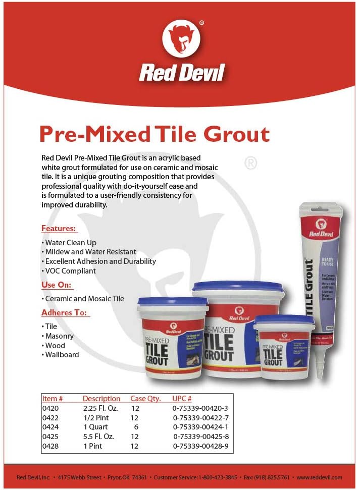 Red Devil 0428 Pre-Mixed Tile Grout - Professional Quality, Excellent Adhesion, Ideal for Wall & Floor Use - 1 Pint, White, Pack of 12, Made in USA