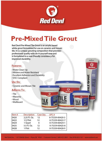 Red Devil 0428 Pre-Mixed Tile Grout - Professional Quality, Excellent Adhesion, Ideal for Wall & Floor Use - 1 Pint, White, Pack of 12, Made in USA