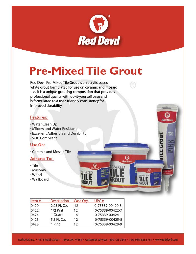 Red Devil 0428 Pre-Mixed Tile Grout - Professional Quality, Excellent Adhesion, Ideal for Wall & Floor Use - 1 Pint, White, Made in USA