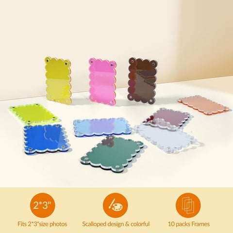 10 Pack 2.36 x 3.54 Inch Acrylic Fridge Magnetic Frame Scalloped, Double Sided Polaroid Frame, Magnet Picture Frames for Fridge suit Fujifilm Instax Mini, Frames for Fridge/Locker, Colorful Set