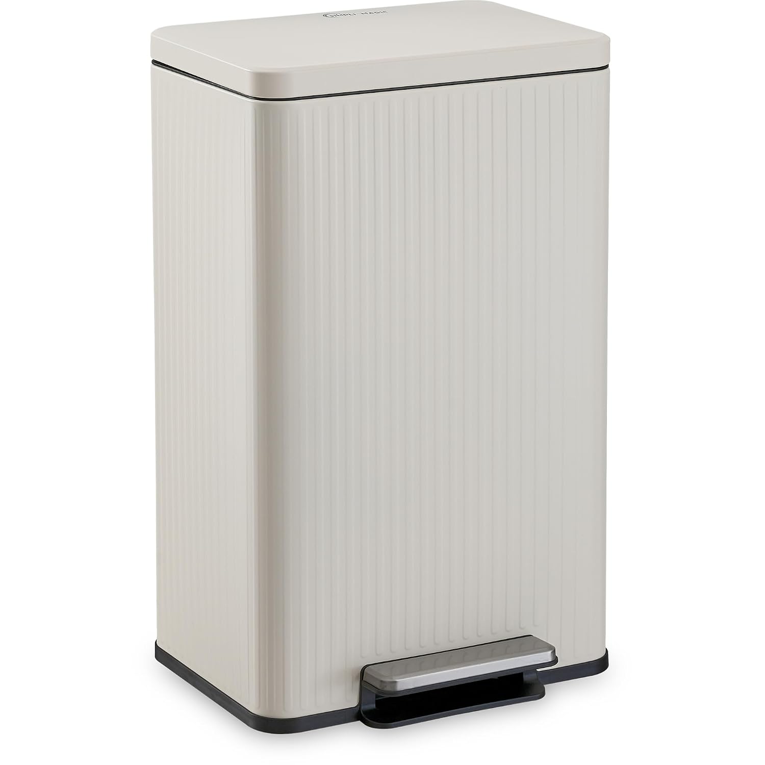SIMPLI-MAGIC Fluted Kitchen Trash Can, 13 Gallon (50L), Soft-Close Lid, Hands-Free Foot Pedal, Removable Inner Bucket, Cream