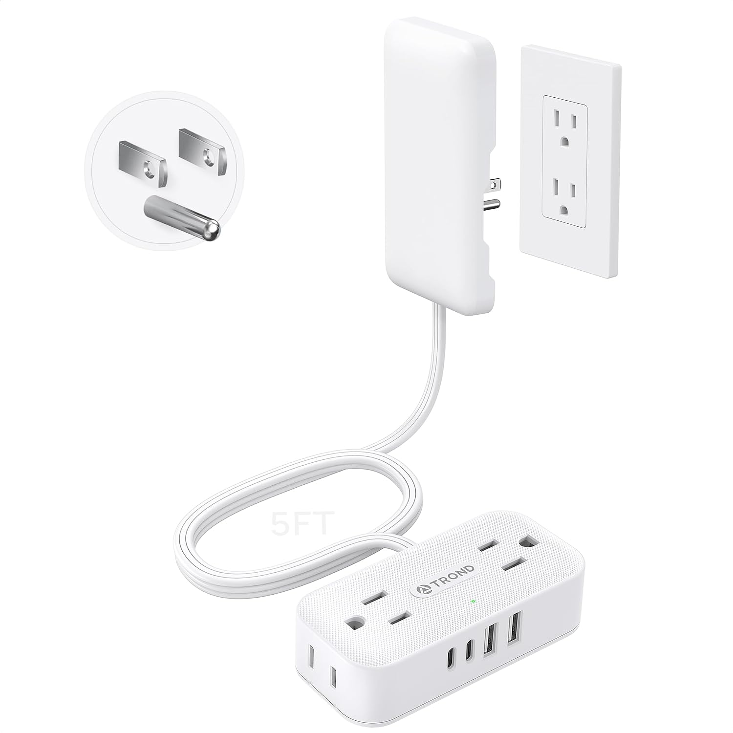 TROND 5ft Flat Extension Cord with Ultra-Thin Outlet Cover, 1250W, White