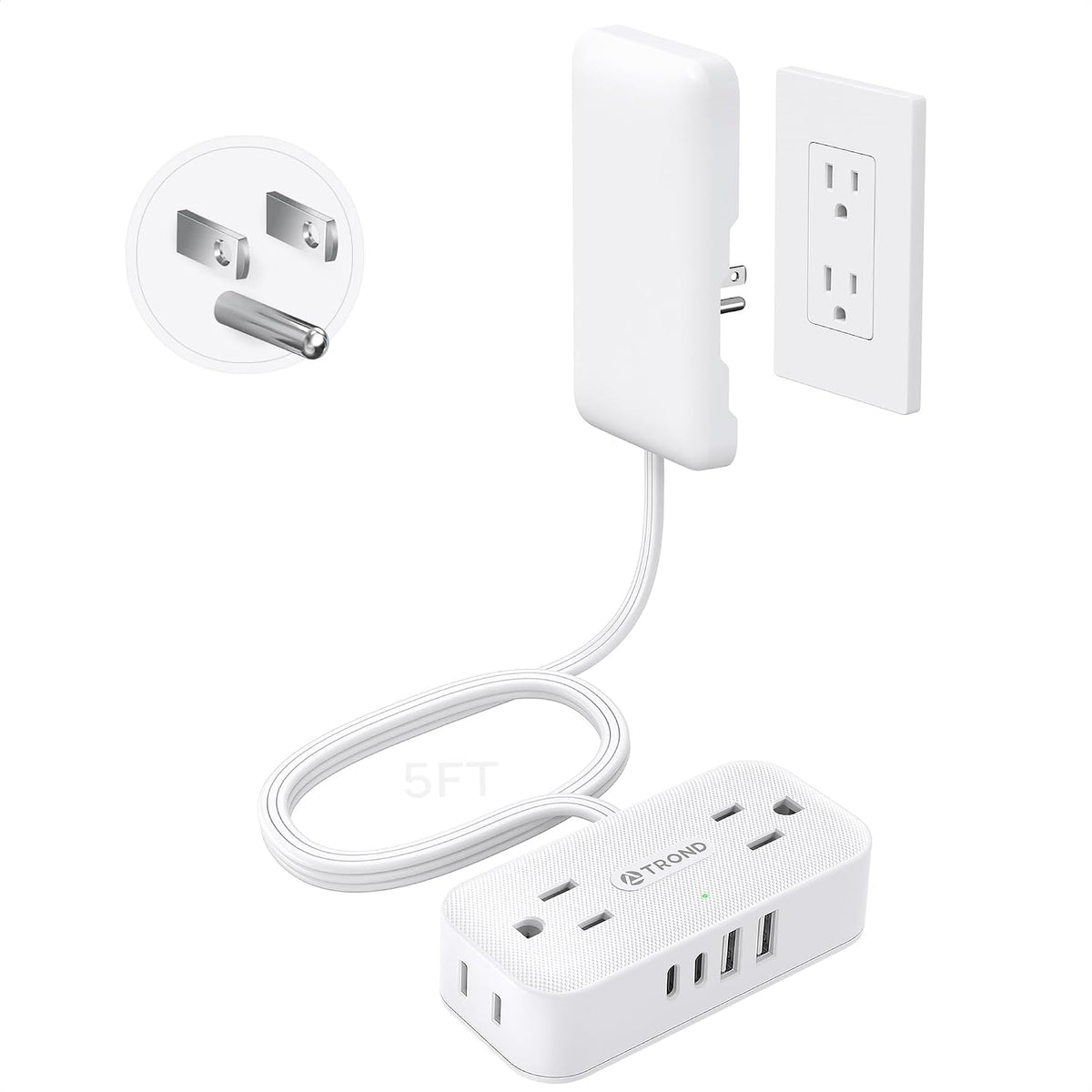 TROND 5ft Flat Extension Cord with Ultra-Thin Outlet Cover, 1250W, White