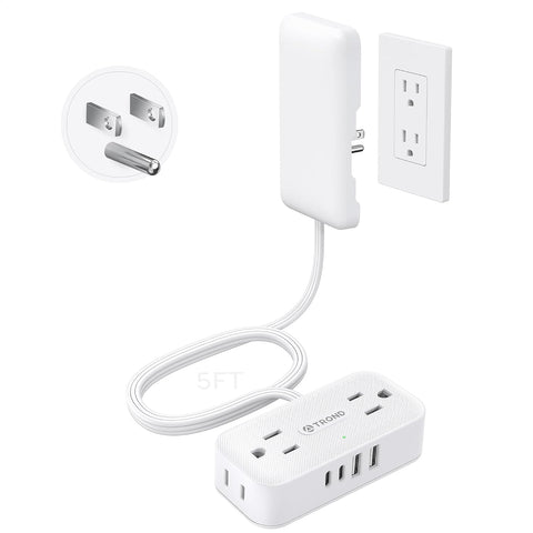 TROND 5ft Flat Extension Cord with Ultra-Thin Outlet Cover, 1250W, White