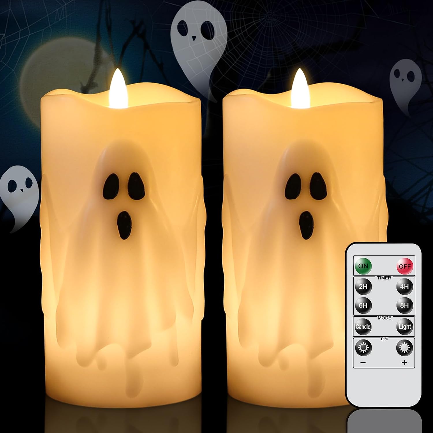 Halloween Ghost Flameless Pillar Candles with Remote Timer, 2PCS