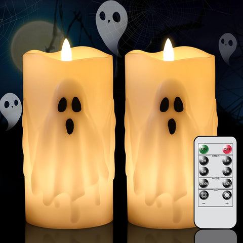 Halloween Ghost Flameless Pillar Candles with Remote Timer, 2PCS