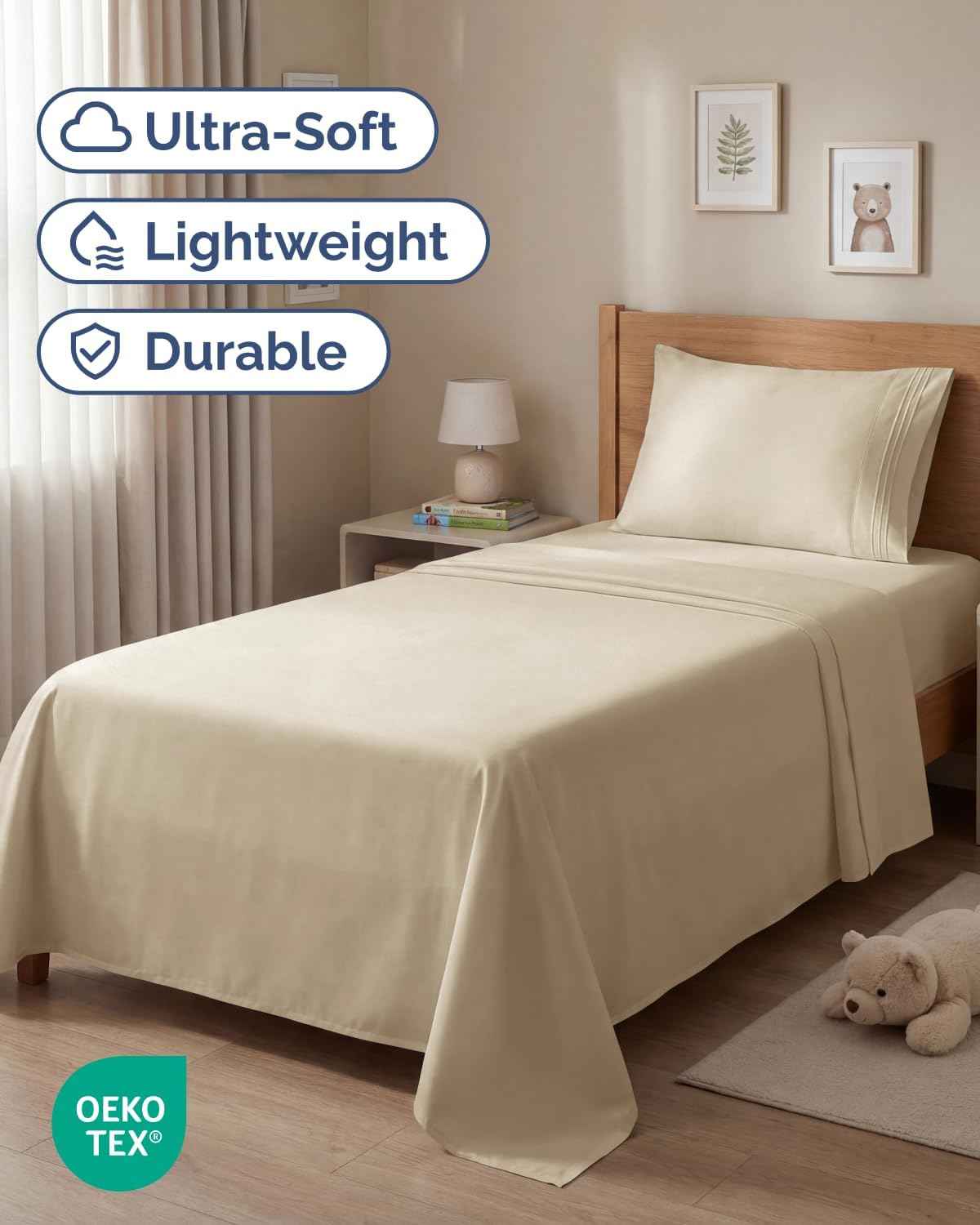 Twin Size 3 Piece Sheet Set - Comfy Breathable & Cooling Sheets - Cream