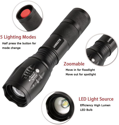 JARDLITE LED Emergency Handheld Flashlight, 4 Pack, Adjustable Focus, Water Resistant with 5 Modes, Best Tactical Torch for Hurricane, Camping, Dog Walking