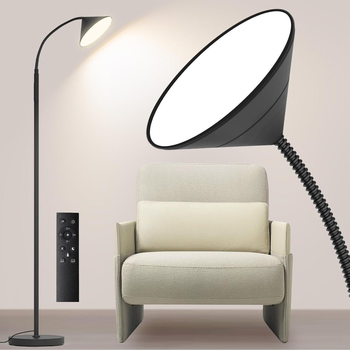 Dimmable LED Floor Lamp, Super Bright Reading Lamps Floor Standing lamp with Remote & Touch Control, Stepless Dimming & 2700K-6500K Color Temperature, for Living Room Bedroom Office, Matte Black