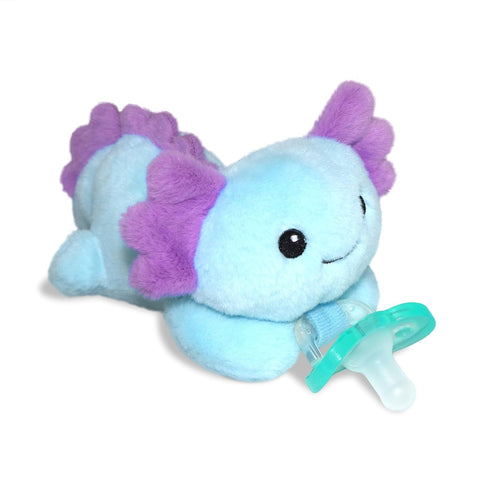 RaZbaby RaZbuddy Stuffed Animal Pacifier Holder for Newborns & Up, Made in the USA, Detachable Orthodontic JollyPop Pacifier, Medical-Grade 100% BPA-Free Silicone, Baby Shower, 0 Months+ (Axolotl)