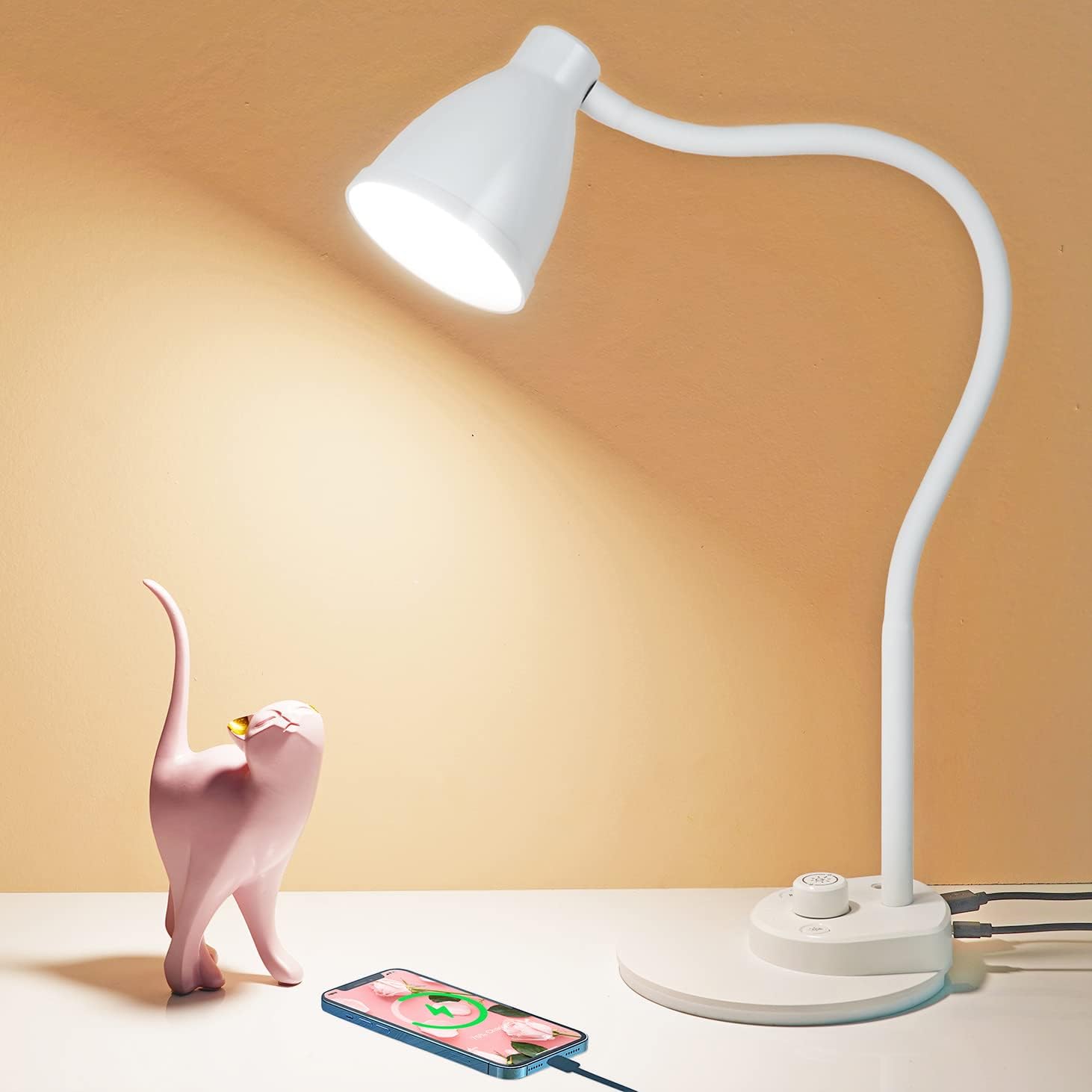 BOHON LED Desk Lamp with USB Charging Port, 3 Color Modes Dimmable, White