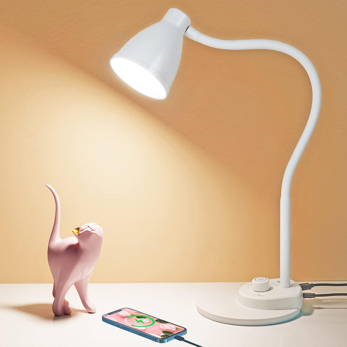 BOHON LED Desk Lamp with USB Charging Port, 3 Color Modes Dimmable, White
