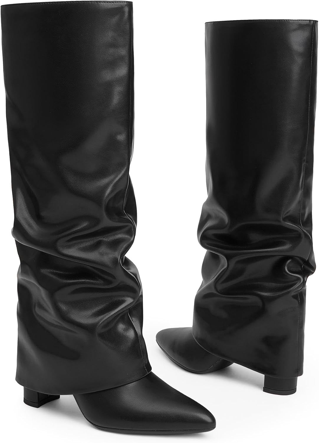 Knee High Boots Women Fold Over Boots Chunky Heel Pointed Toe Tall Boots