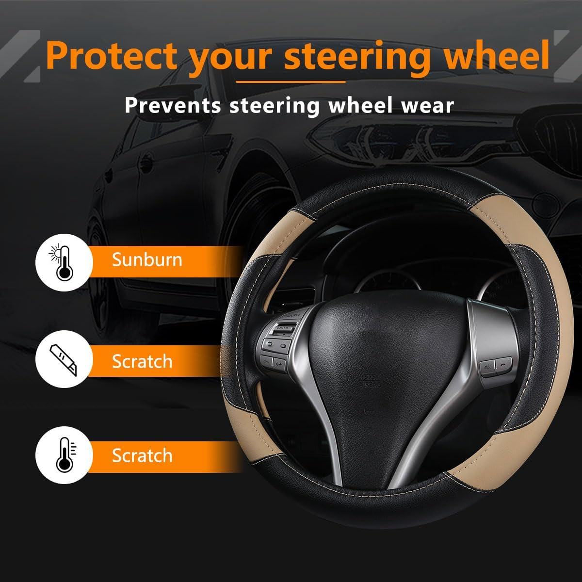 Leather Car Steering Wheel Cover, Universal Fit for Most Cars, Beige