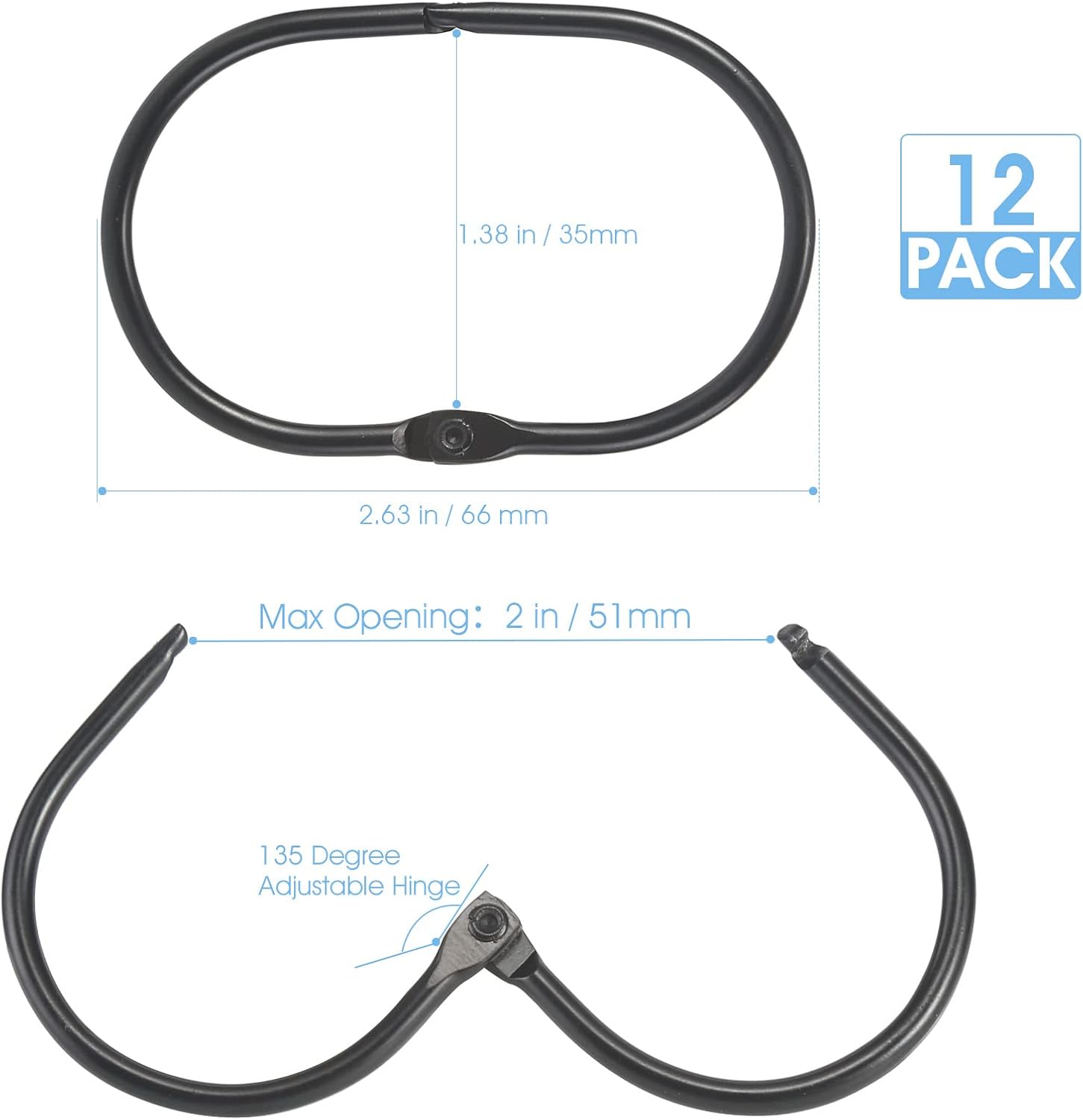 Goowin Shower Curtain Rings, Metal Black Shower Curtain Hooks, Oval Snap Shower Rings for Curtain, Shower Curtain Rings Rust Proof, Glide Smoothly Shower Hooks for Shower Curtain Rod (Black)