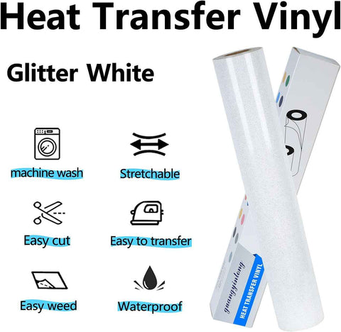 guangyintong Glitter White Heat Transfer Vinyl HTV Rolls, 12" x 8ft Iron on Vinyl for T Shirts HTV Vinyl for All Cutter Machines Easy to Cut & Weed for Heat Vinyl Design