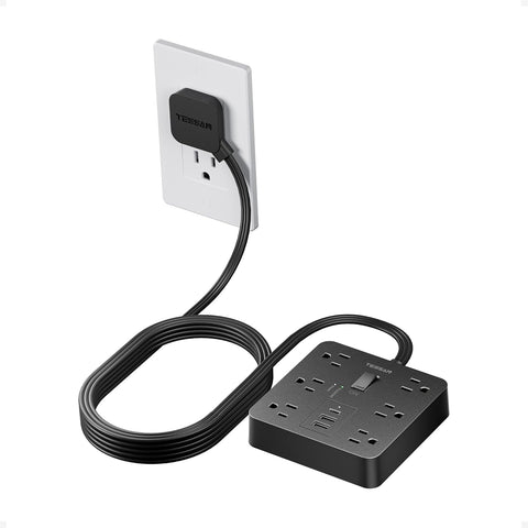 TESSAN Surge Protector Power Strip, 10Ft Flat Plug Extension Cord, Black
